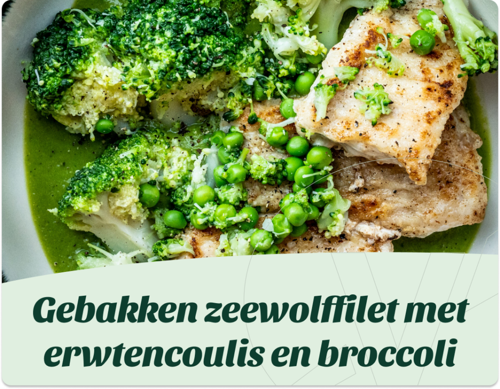 Gebakken zeewolffilet met erwtencoulis en broccoli